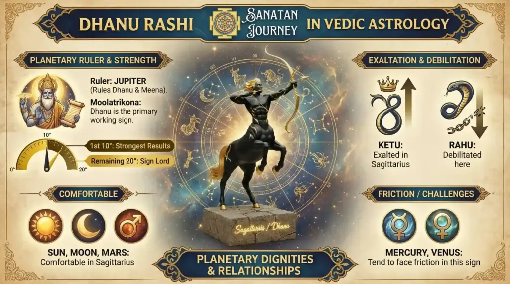 Planetary Dignities & Relationships of Dhanu Rashi (Sagittarius)