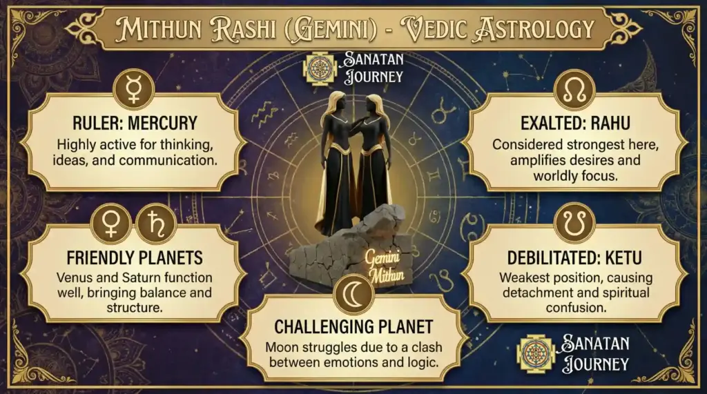 Planetary Dignities & Relationships of Mithun Rashi
